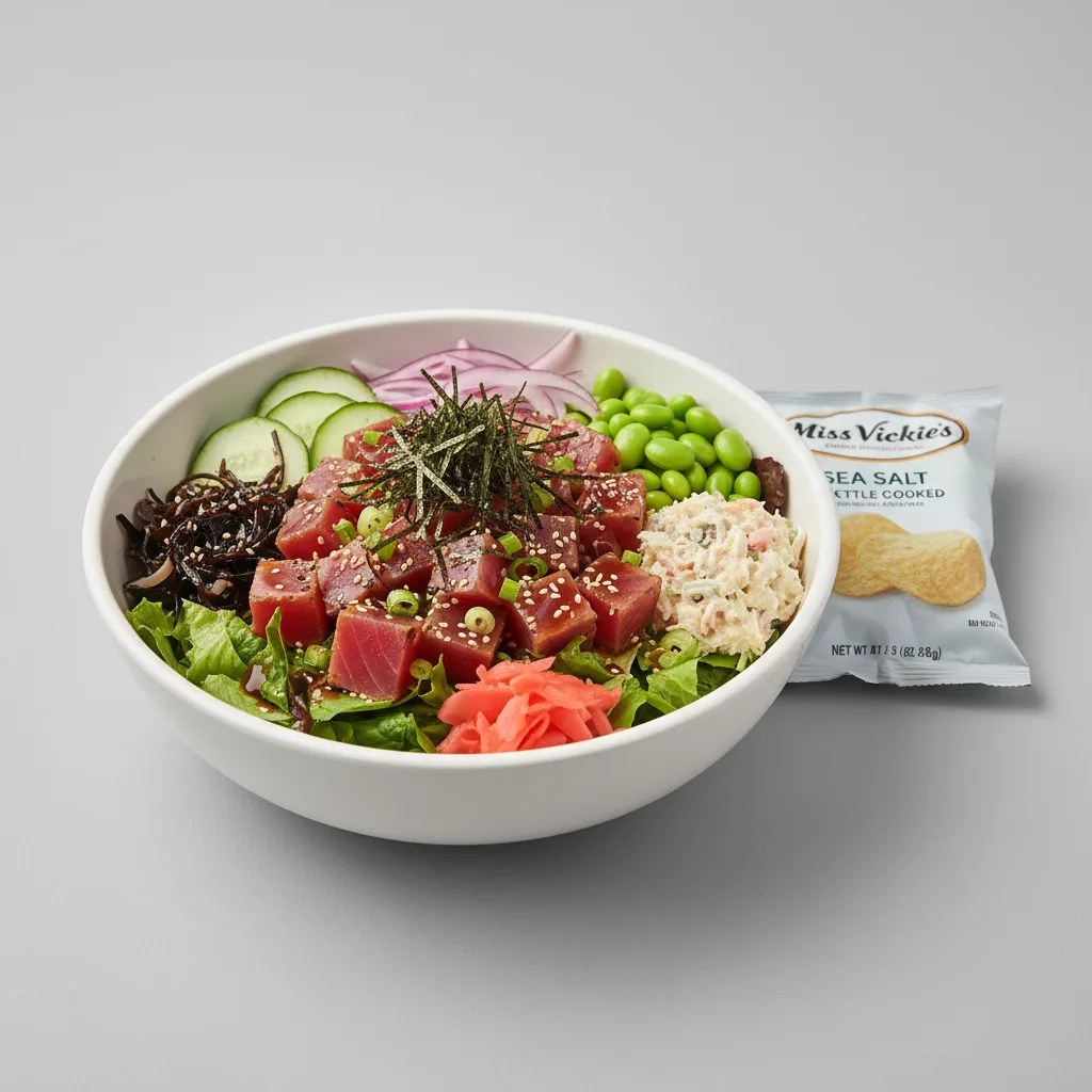 Umami Ahi Salad Bowl Combo (Regular) — Mixed Greens / Miss Vickie's Sea Salt Kettle Cooked Potato Chips Umami Ahi Salad Bowl Combo (Regular) — Mixed Greens / Miss Vickie's Sea Salt Kettle Cooked Potato Chips