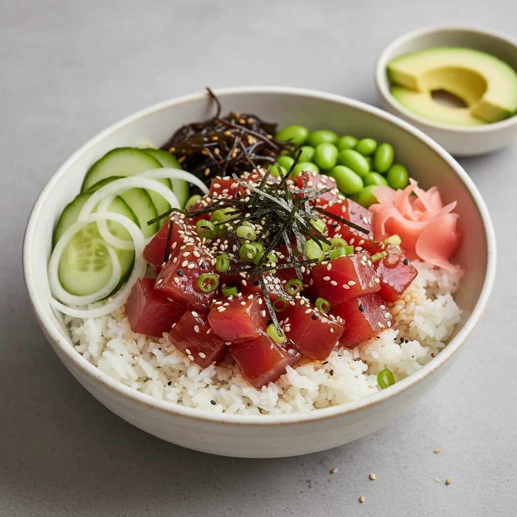 Gluten Free Umami Ahi Bowl Combo (Regular) — White Rice / Side of Avocado Gluten Free Umami Ahi Bowl Combo (Regular) — White Rice / Side of Avocado