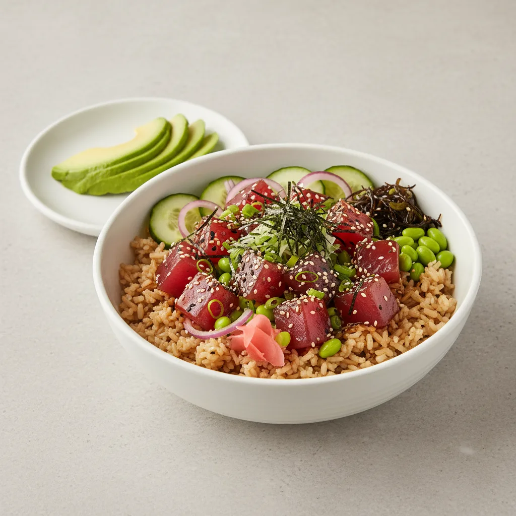 Gluten Free Umami Ahi Bowl Combo (Regular) — Brown Rice / Side of Avocado Gluten Free Umami Ahi Bowl Combo (Regular) — Brown Rice / Side of Avocado