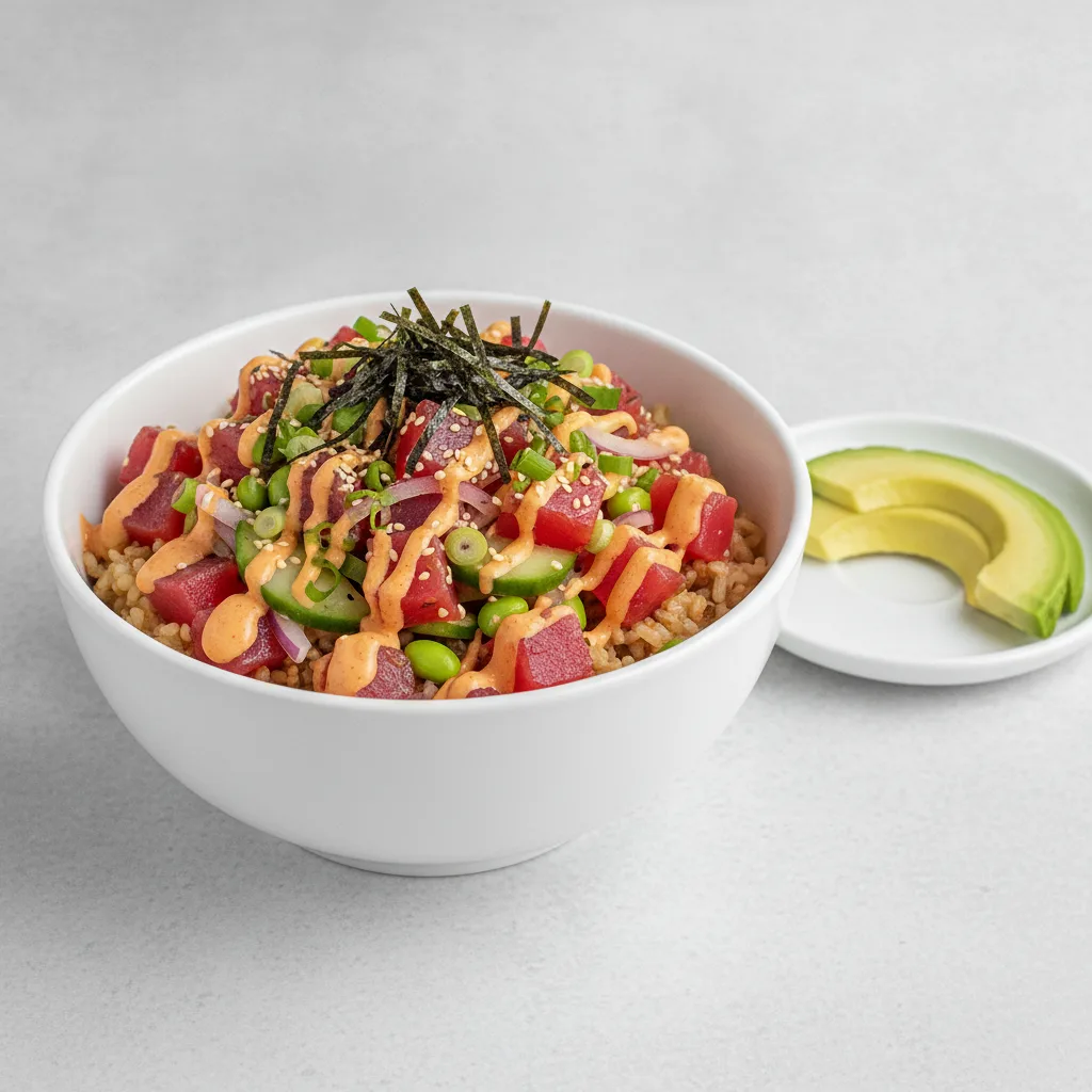 Gluten Free Spicy Ahi Bowl Combo (Regular) — Brown Rice / Side of Avocado Gluten Free Spicy Ahi Bowl Combo (Regular) — Brown Rice / Side of Avocado