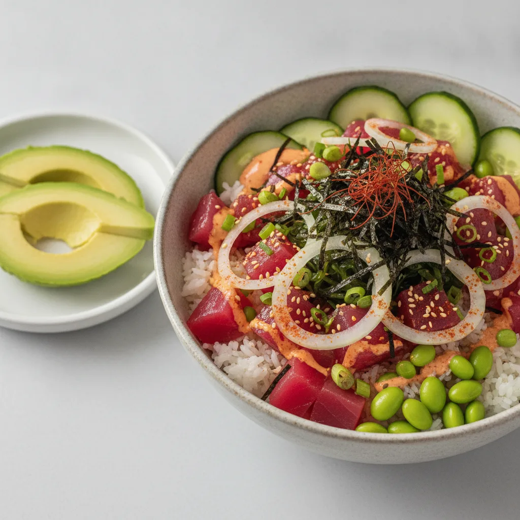 Gluten Free Hawaiian Ahi Bowl Combo (Regular) — White Rice / Side of Avocado Gluten Free Hawaiian Ahi Bowl Combo (Regular) — White Rice / Side of Avocado