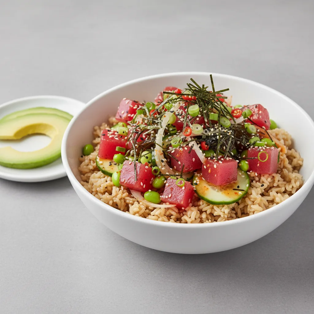 Gluten Free Hawaiian Ahi Bowl Combo (Regular) — Brown Rice / Side of Avocado Gluten Free Hawaiian Ahi Bowl Combo (Regular) — Brown Rice / Side of Avocado