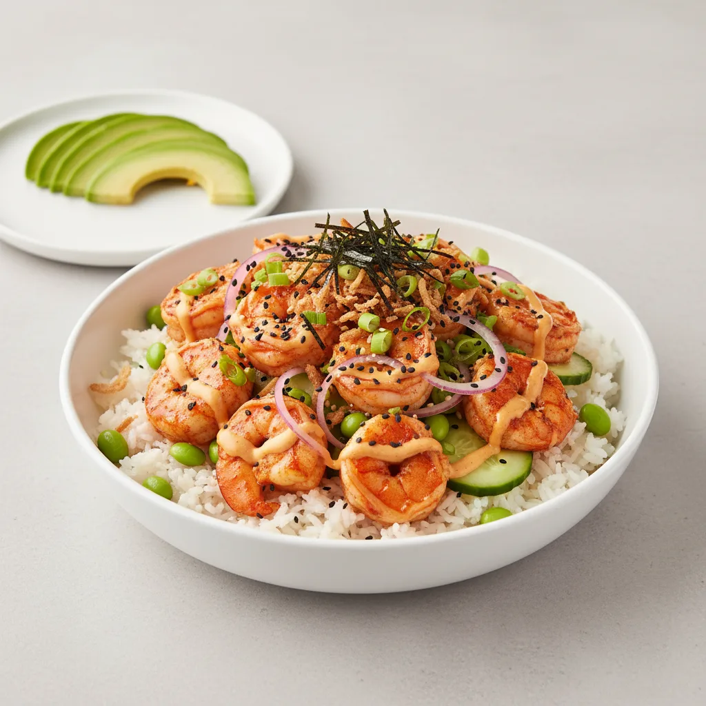 Gluten Free Spicy Shrimp Bowl Combo (Regular) — White Rice / Side of Avocado Gluten Free Spicy Shrimp Bowl Combo (Regular) — White Rice / Side of Avocado