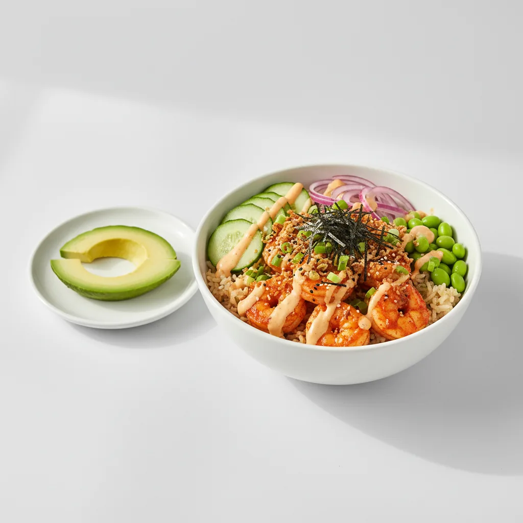Gluten Free Spicy Shrimp Bowl Combo (Regular) — Brown Rice / Side of Avocado Gluten Free Spicy Shrimp Bowl Combo (Regular) — Brown Rice / Side of Avocado