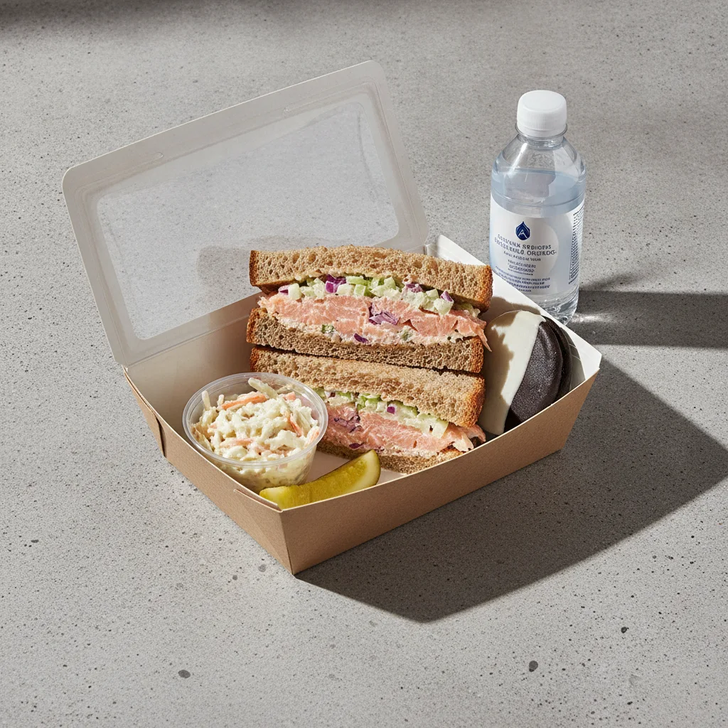 Sandwich Boxed Lunch — Hot Smoked Salmon Salad Sandwich / Bottled Water Sandwich Boxed Lunch — Hot Smoked Salmon Salad Sandwich / Bottled Water