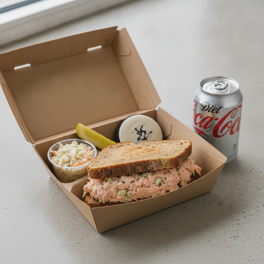 Sandwich Boxed Lunch — Hot Smoked Salmon Salad Sandwich / Diet Soda Sandwich Boxed Lunch — Hot Smoked Salmon Salad Sandwich / Diet Soda