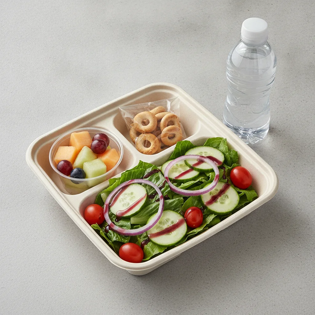 Garden Salad Boxed Lunch — Red Wine Vinaigrette / Fruit Cup / Bottled Water Garden Salad Boxed Lunch — Red Wine Vinaigrette / Fruit Cup / Bottled Water