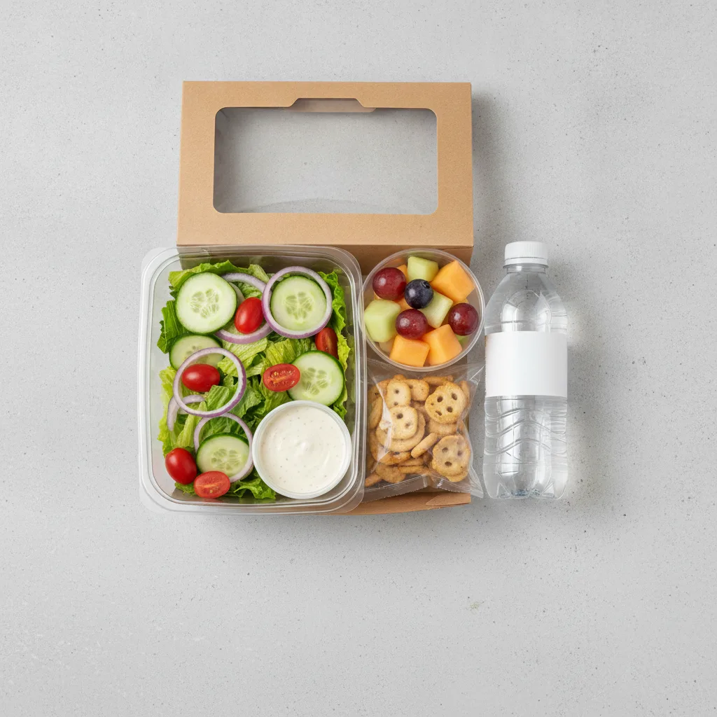 Garden Salad Boxed Lunch — Caesar Dressing / Fruit Cup / Bottled Water Garden Salad Boxed Lunch — Caesar Dressing / Fruit Cup / Bottled Water