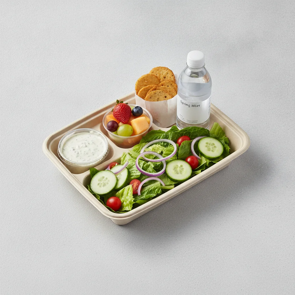 Garden Salad Boxed Lunch — Blue Cheese Dressing / Fruit Cup / Bottled Water Garden Salad Boxed Lunch — Blue Cheese Dressing / Fruit Cup / Bottled Water