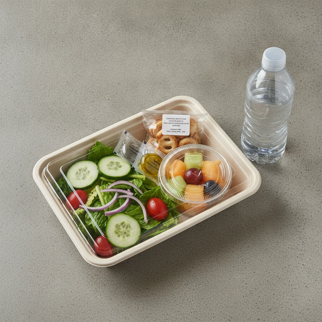 Garden Salad Boxed Lunch — Balsamic Vinegar & Olive Oil / Fruit Cup / Bottled Water Garden Salad Boxed Lunch — Balsamic Vinegar & Olive Oil / Fruit Cup / Bottled Water