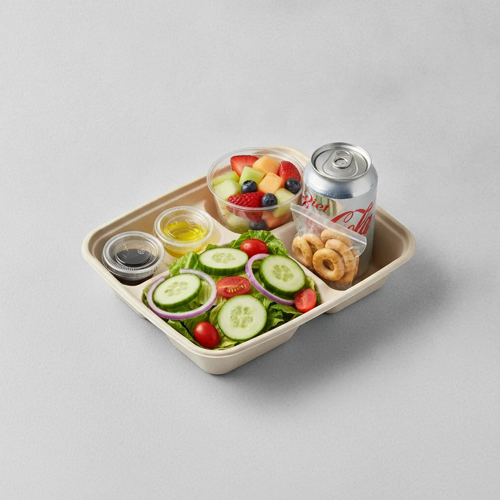 Garden Salad Boxed Lunch — Balsamic Vinegar & Olive Oil / Fruit Cup / Diet Soda Garden Salad Boxed Lunch — Balsamic Vinegar & Olive Oil / Fruit Cup / Diet Soda