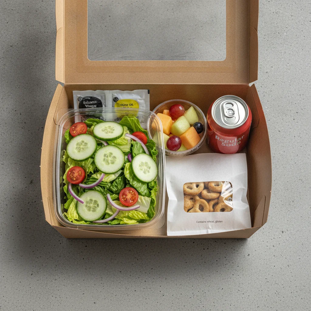 Garden Salad Boxed Lunch — Balsamic Vinegar & Olive Oil / Fruit Cup / Regular Soda Garden Salad Boxed Lunch — Balsamic Vinegar & Olive Oil / Fruit Cup / Regular Soda