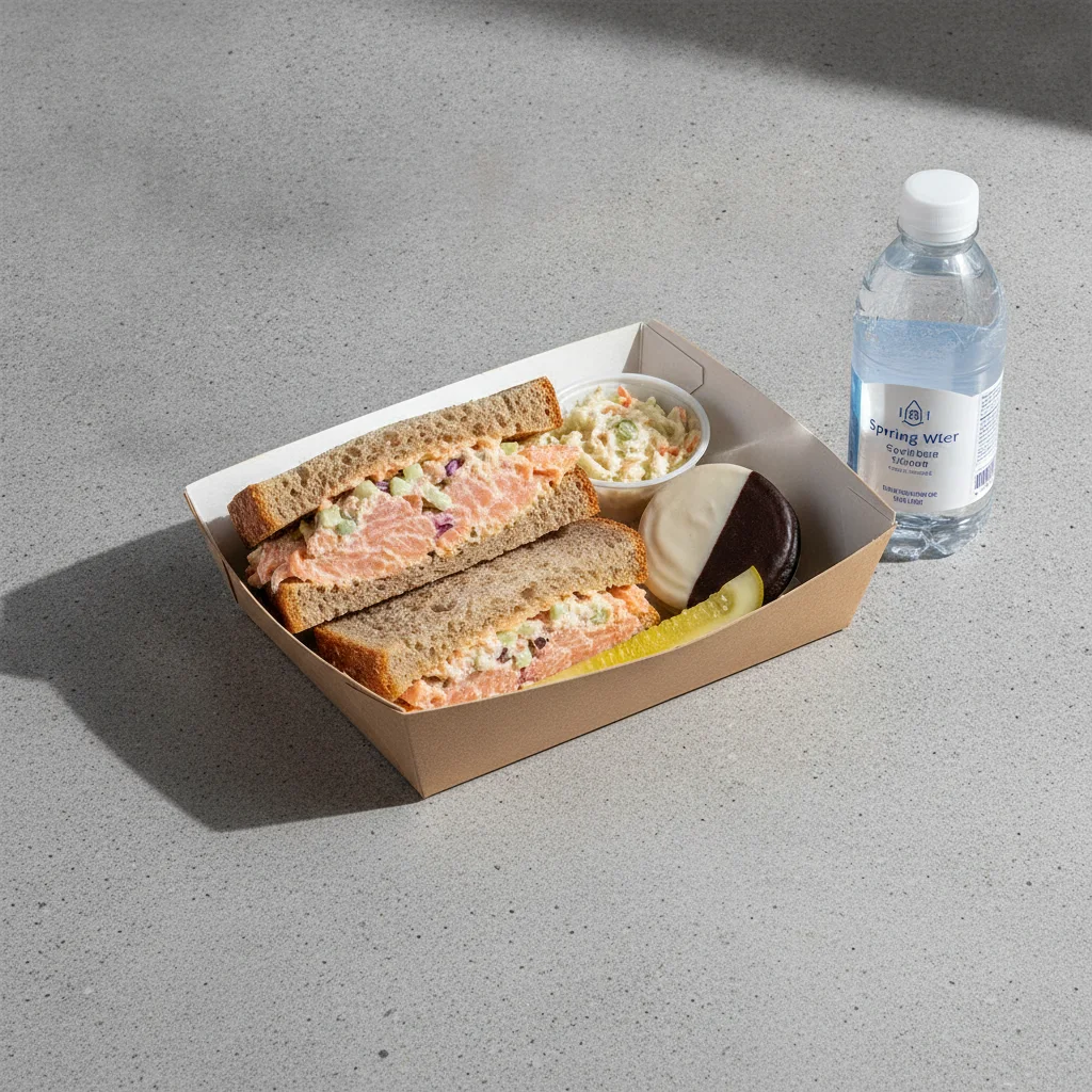 Sandwich Boxed Lunch — Hot Smoked Salmon Salad Sandwich / Bottled Water Sandwich Boxed Lunch — Hot Smoked Salmon Salad Sandwich / Bottled Water