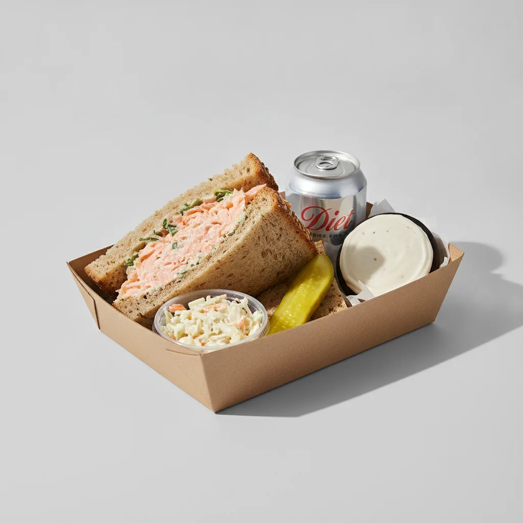 Sandwich Boxed Lunch — Hot Smoked Salmon Salad Sandwich / Diet Soda Sandwich Boxed Lunch — Hot Smoked Salmon Salad Sandwich / Diet Soda