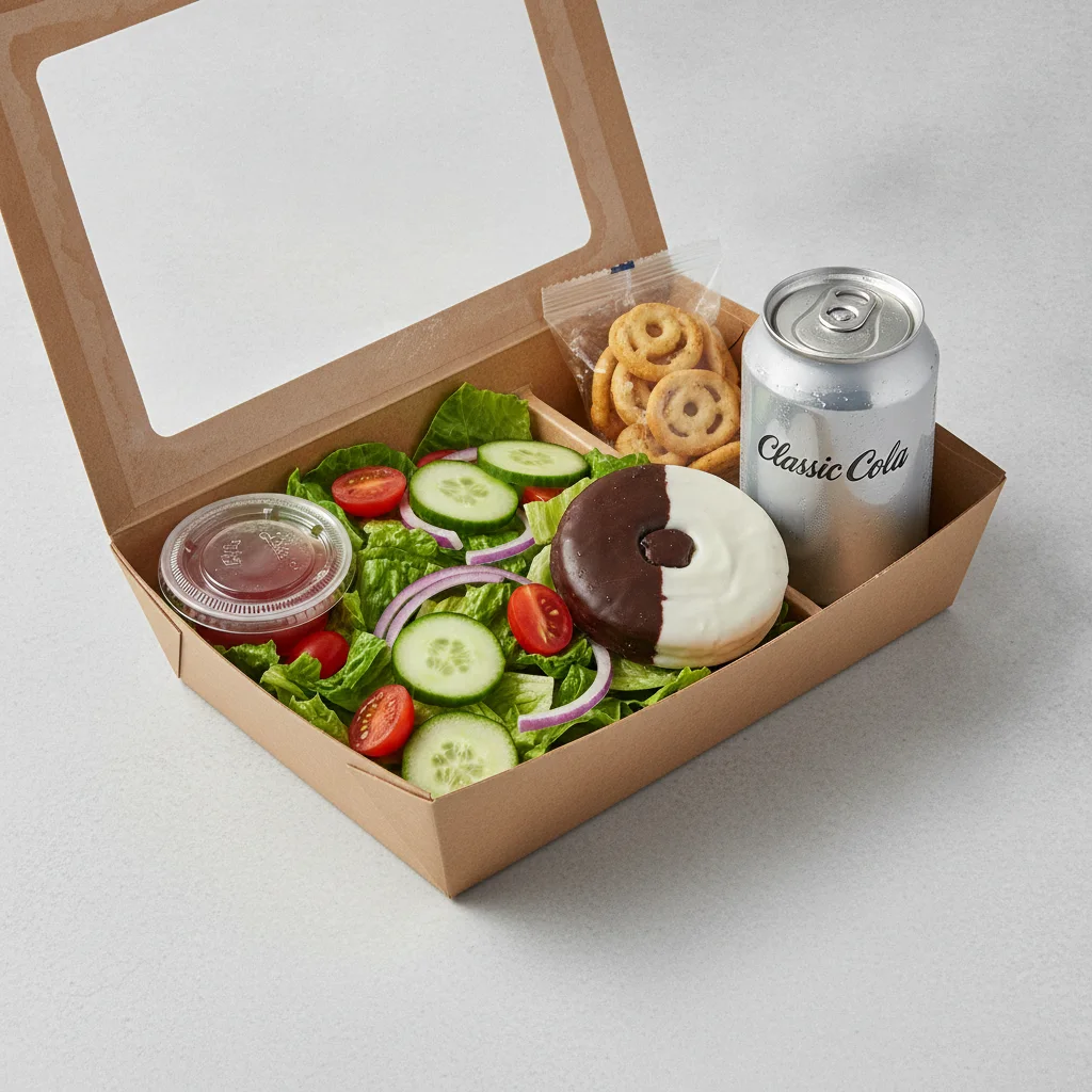 Garden Salad Boxed Lunch — Red Wine Vinaigrette / Black & White Cookie / Regular Soda Garden Salad Boxed Lunch — Red Wine Vinaigrette / Black & White Cookie / Regular Soda