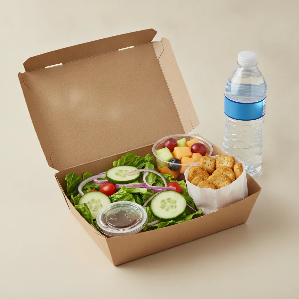 Garden Salad Boxed Lunch — Red Wine Vinaigrette / Fruit Cup / Bottled Water Garden Salad Boxed Lunch — Red Wine Vinaigrette / Fruit Cup / Bottled Water