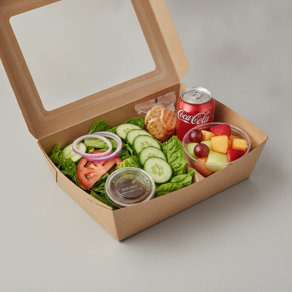 Garden Salad Boxed Lunch — Red Wine Vinaigrette / Fruit Cup / Regular Soda Garden Salad Boxed Lunch — Red Wine Vinaigrette / Fruit Cup / Regular Soda