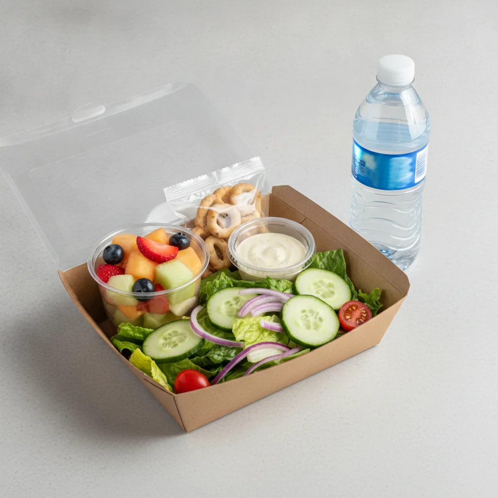 Garden Salad Boxed Lunch — Caesar Dressing / Fruit Cup / Bottled Water Garden Salad Boxed Lunch — Caesar Dressing / Fruit Cup / Bottled Water