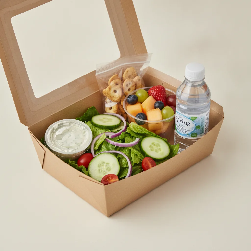 Garden Salad Boxed Lunch — Blue Cheese Dressing / Fruit Cup / Bottled Water Garden Salad Boxed Lunch — Blue Cheese Dressing / Fruit Cup / Bottled Water