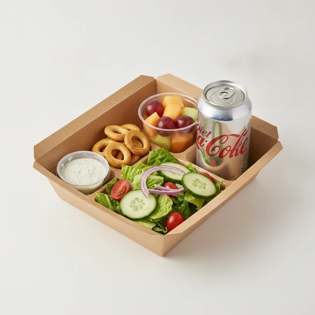 Garden Salad Boxed Lunch — Blue Cheese Dressing / Fruit Cup / Diet Soda Garden Salad Boxed Lunch — Blue Cheese Dressing / Fruit Cup / Diet Soda