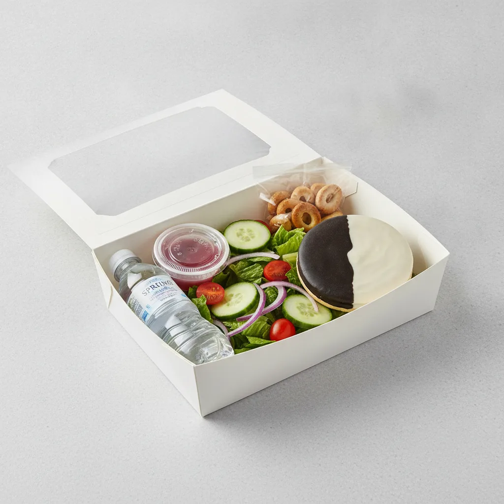 Garden Salad Boxed Lunch — Raspberry Vinaigrette / Black & White Cookie / Bottled Water Garden Salad Boxed Lunch — Raspberry Vinaigrette / Black & White Cookie / Bottled Water