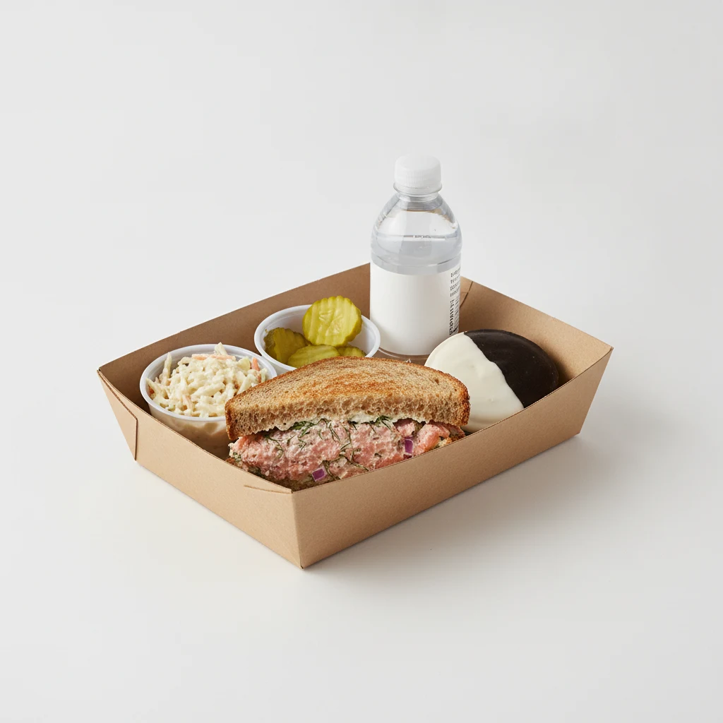 Sandwich Boxed Lunch — Hot Smoked Salmon Salad Sandwich / Bottled Water Sandwich Boxed Lunch — Hot Smoked Salmon Salad Sandwich / Bottled Water