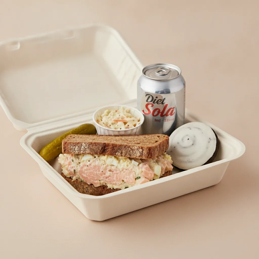 Sandwich Boxed Lunch — Hot Smoked Salmon Salad Sandwich / Diet Soda Sandwich Boxed Lunch — Hot Smoked Salmon Salad Sandwich / Diet Soda