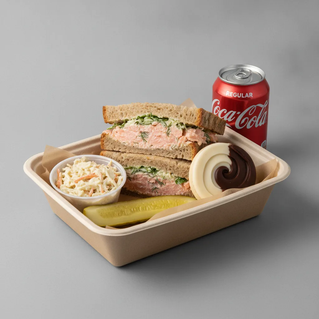 Sandwich Boxed Lunch — Hot Smoked Salmon Salad Sandwich / Regular Soda Sandwich Boxed Lunch — Hot Smoked Salmon Salad Sandwich / Regular Soda