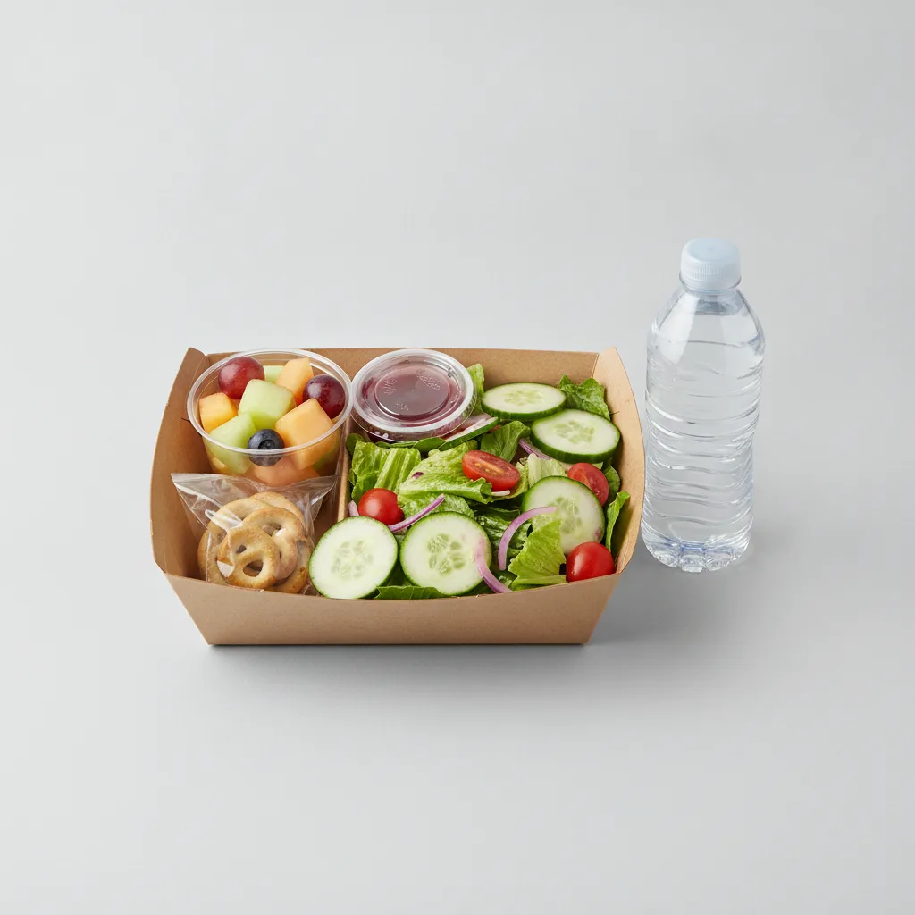 Garden Salad Boxed Lunch — Red Wine Vinaigrette / Fruit Cup / Bottled Water Garden Salad Boxed Lunch — Red Wine Vinaigrette / Fruit Cup / Bottled Water