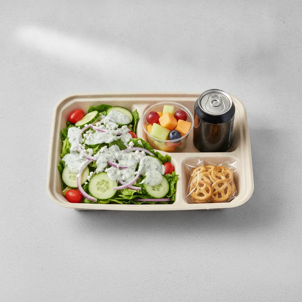 Garden Salad Boxed Lunch — Blue Cheese Dressing / Fruit Cup / Regular Soda Garden Salad Boxed Lunch — Blue Cheese Dressing / Fruit Cup / Regular Soda