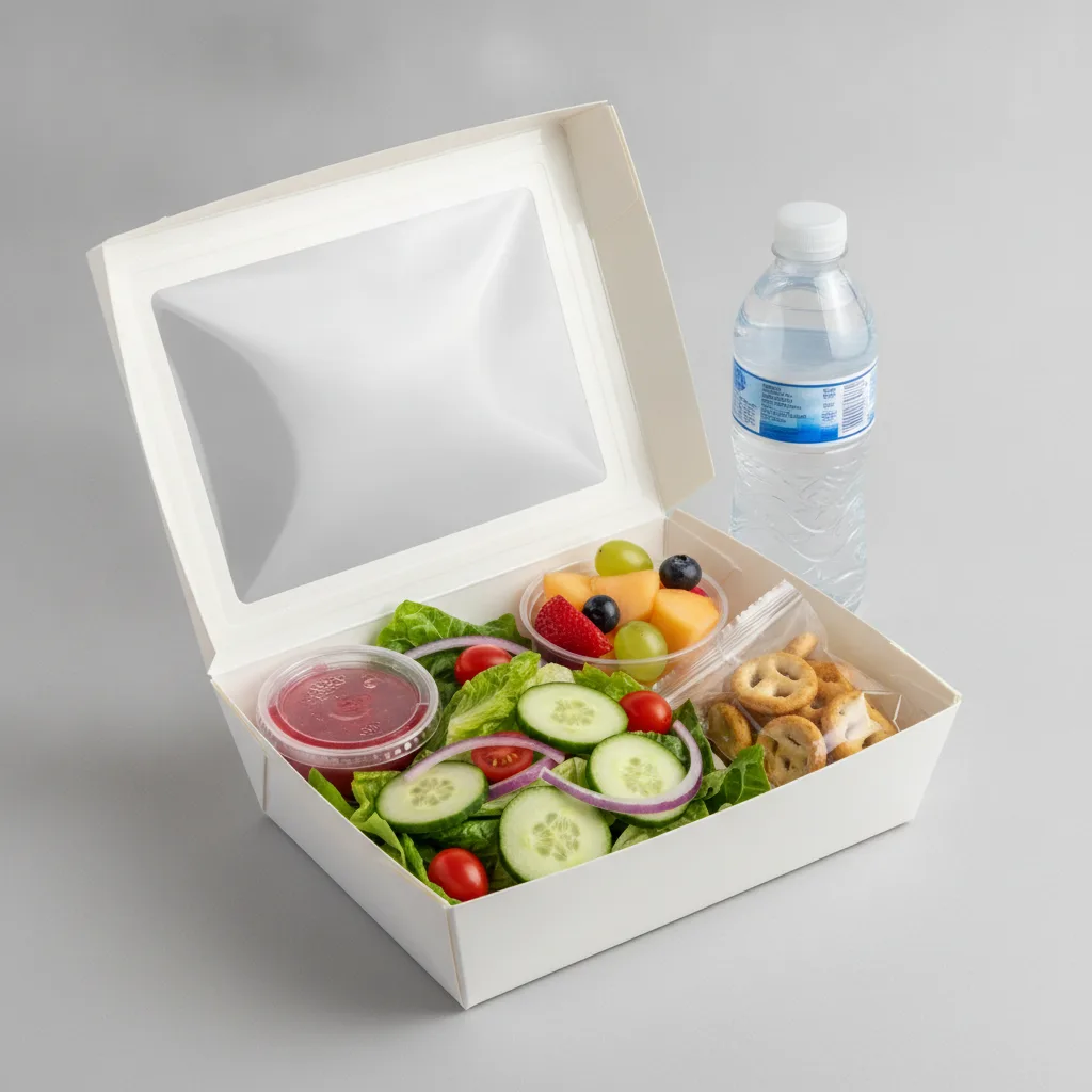 Garden Salad Boxed Lunch — Raspberry Vinaigrette / Fruit Cup / Bottled Water Garden Salad Boxed Lunch — Raspberry Vinaigrette / Fruit Cup / Bottled Water