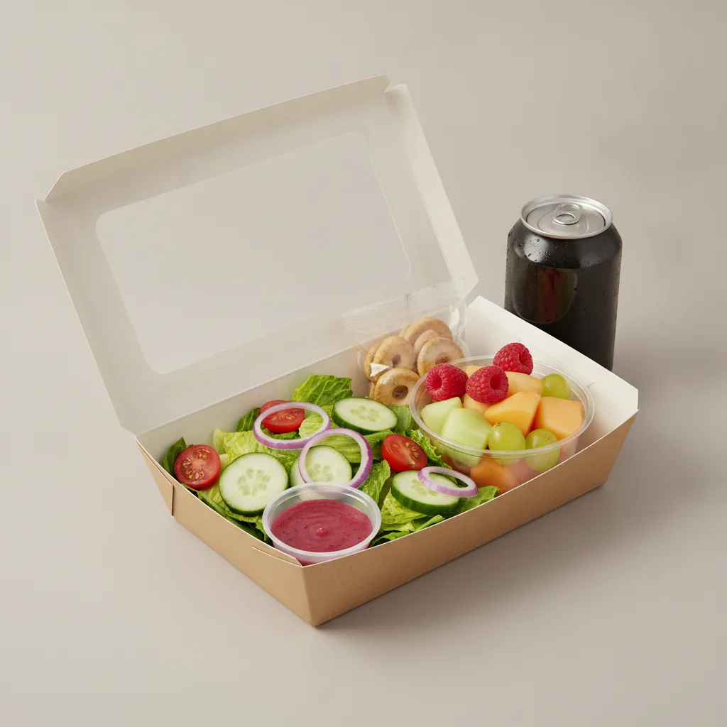 Garden Salad Boxed Lunch — Raspberry Vinaigrette / Fruit Cup / Regular Soda Garden Salad Boxed Lunch — Raspberry Vinaigrette / Fruit Cup / Regular Soda