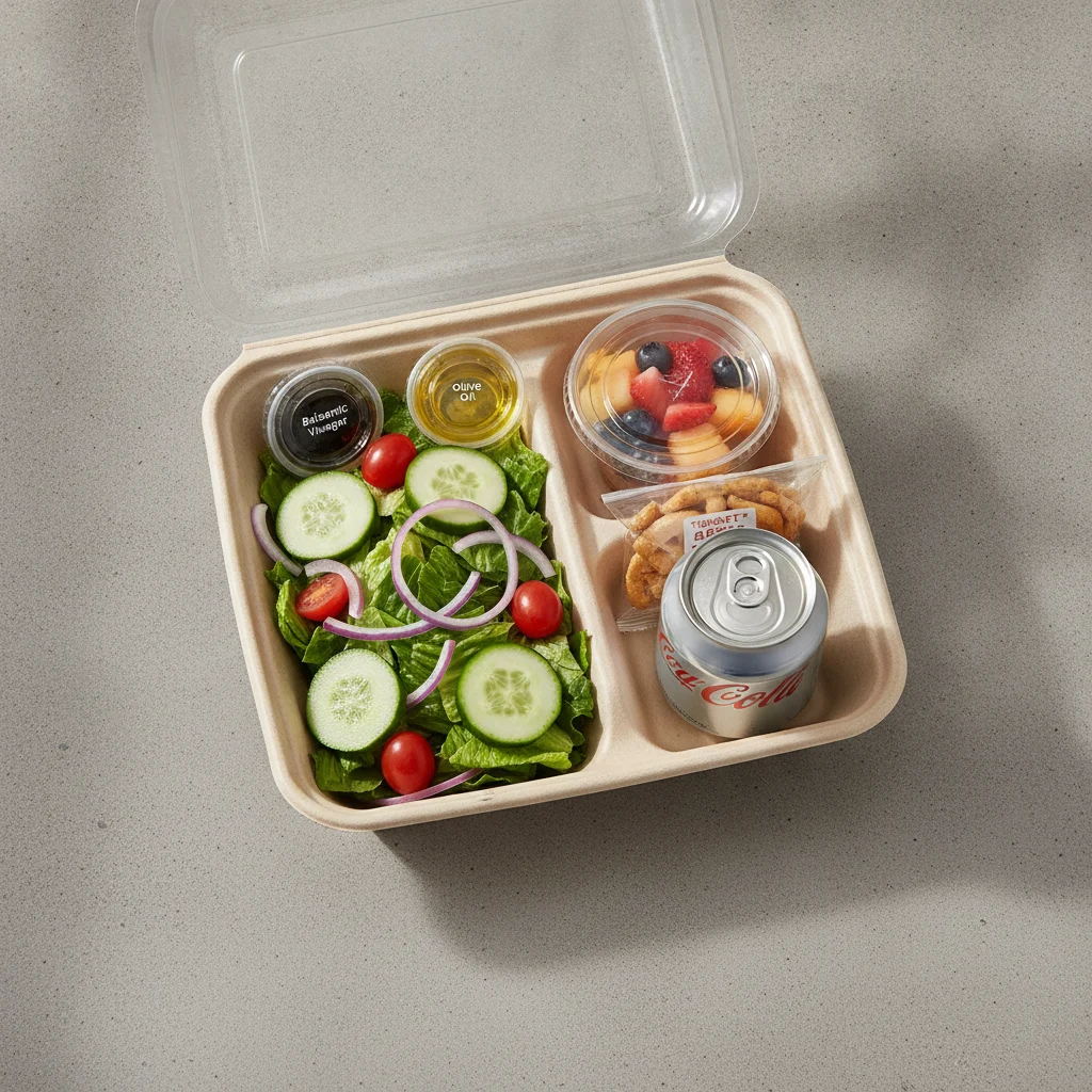 Garden Salad Boxed Lunch — Balsamic Vinegar & Olive Oil / Fruit Cup / Diet Soda Garden Salad Boxed Lunch — Balsamic Vinegar & Olive Oil / Fruit Cup / Diet Soda
