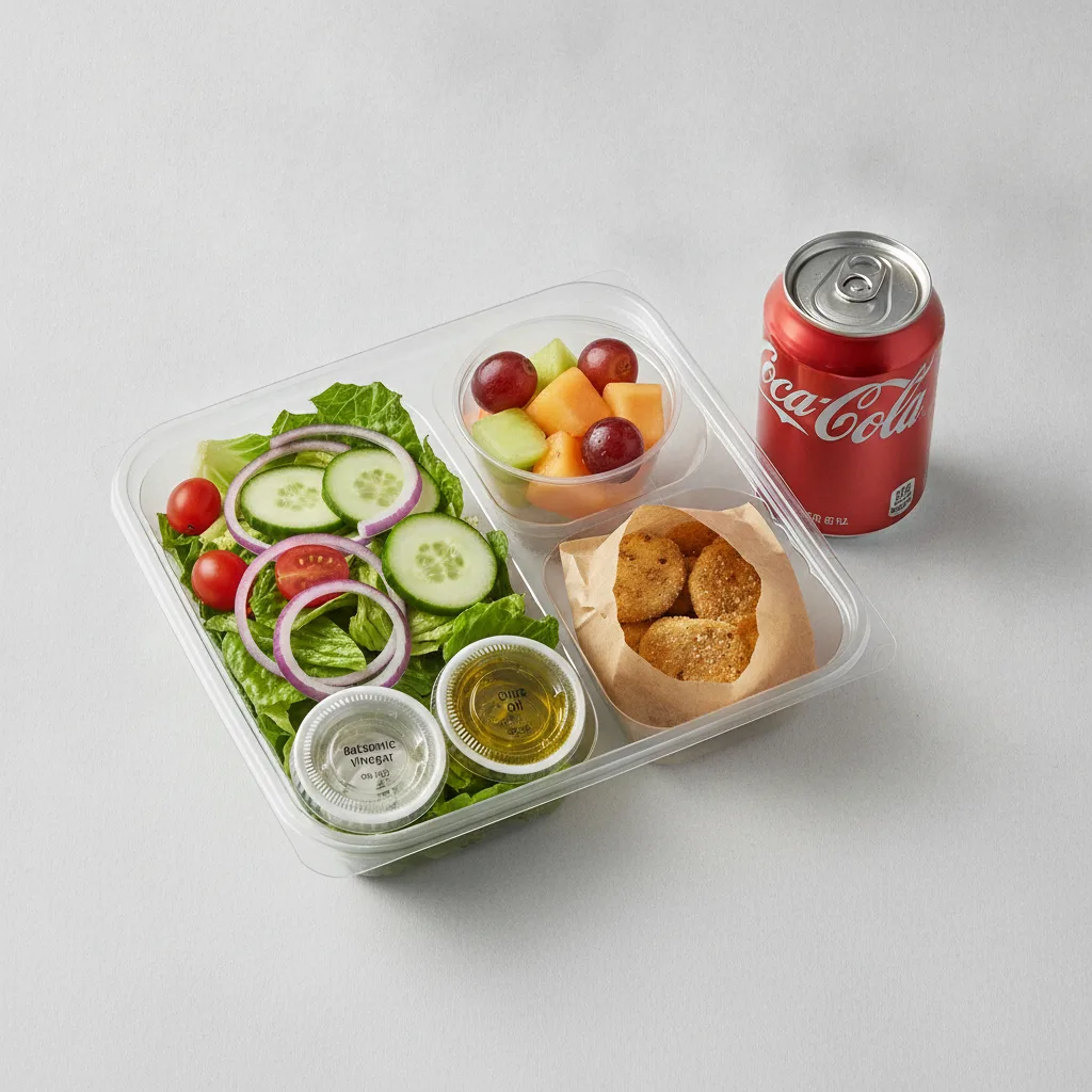 Garden Salad Boxed Lunch — Balsamic Vinegar & Olive Oil / Fruit Cup / Regular Soda Garden Salad Boxed Lunch — Balsamic Vinegar & Olive Oil / Fruit Cup / Regular Soda