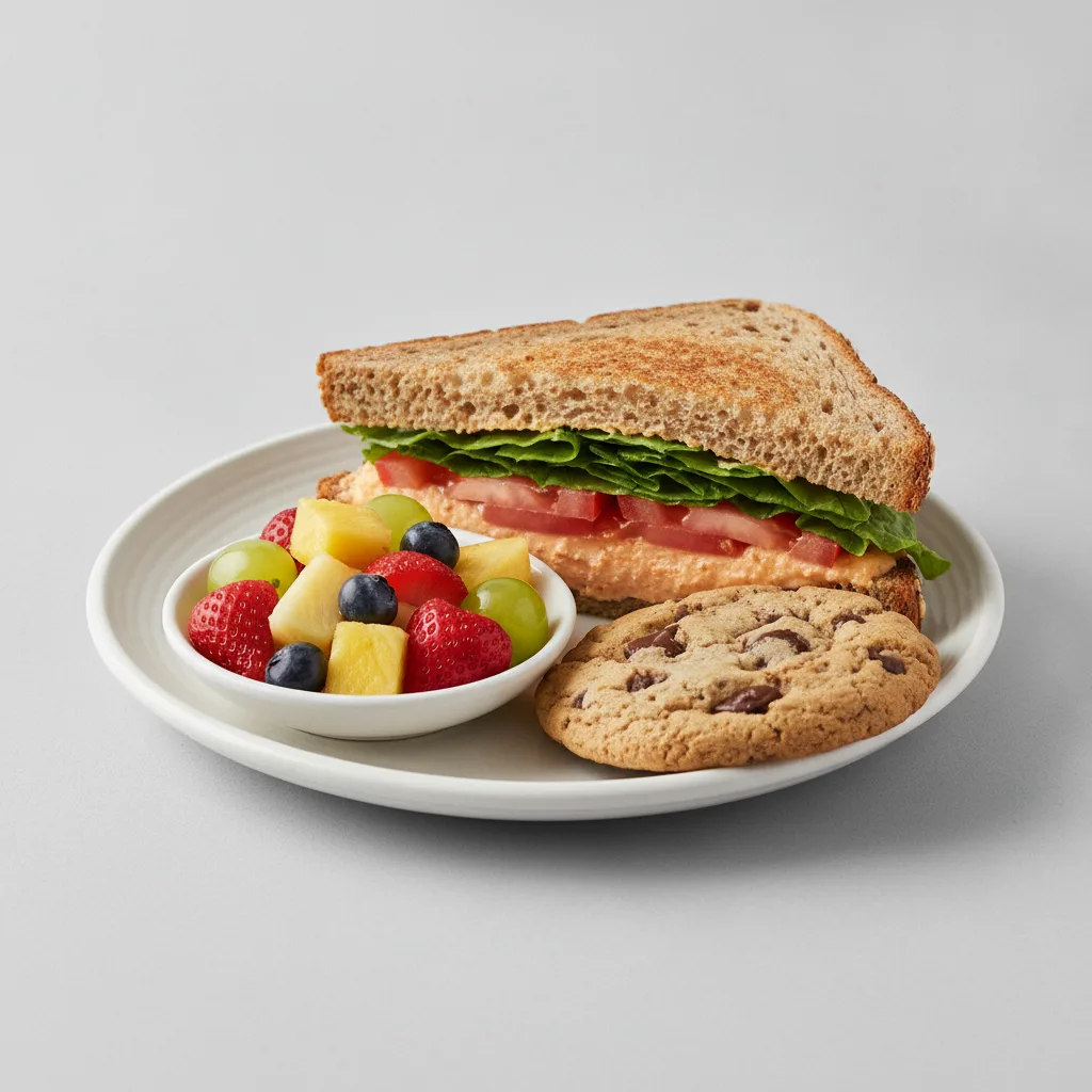 Pimiento Cheese Sandwich with Fruit Salad and Chocolate Chip Cookie