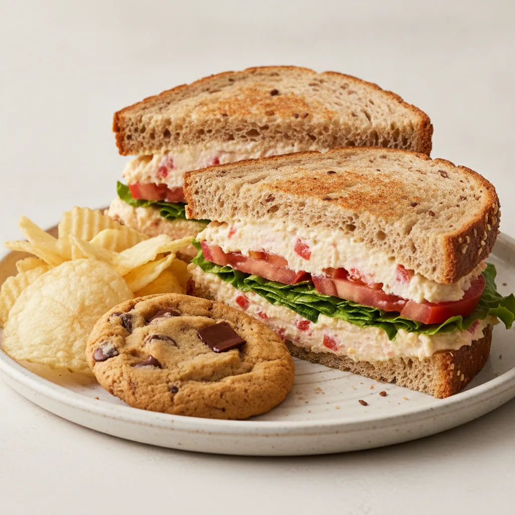 Pimiento Cheese Sandwich with Potato Chips and Chocolate Chip Cookie