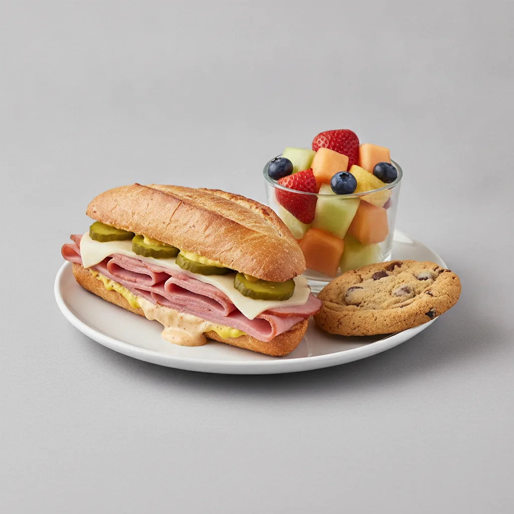 Ham and Gruyere Sandwich with Fruit Cup and Chocolate Chip Cookie