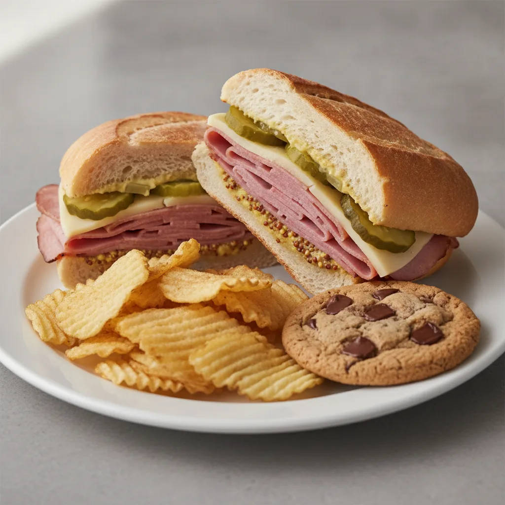 Ham and Gruyere Sandwich with Potato Chips and Chocolate Chip Cookie
