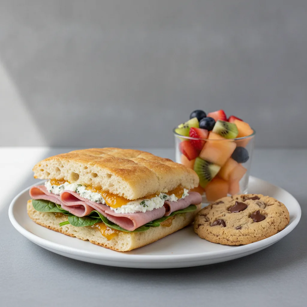 Ham, Goat Cheese and Apricot Focaccia with Fruit Cup and Chocolate Chip Cookie