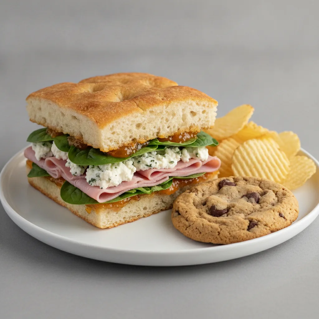 Ham, Cheese and Apricot Focaccia with Potato Chips and Chocolate Chip Cookie