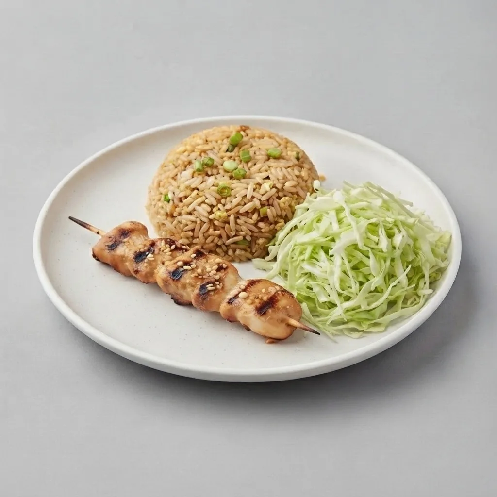 Yakitori Chicken with Fried Rice and Shredded Cabbage
