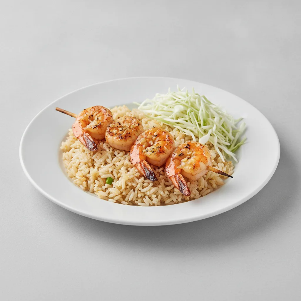 Yakitori Shrimp with Fried Rice and Shredded Cabbage Yakitori Shrimp with Fried Rice and Shredded Cabbage