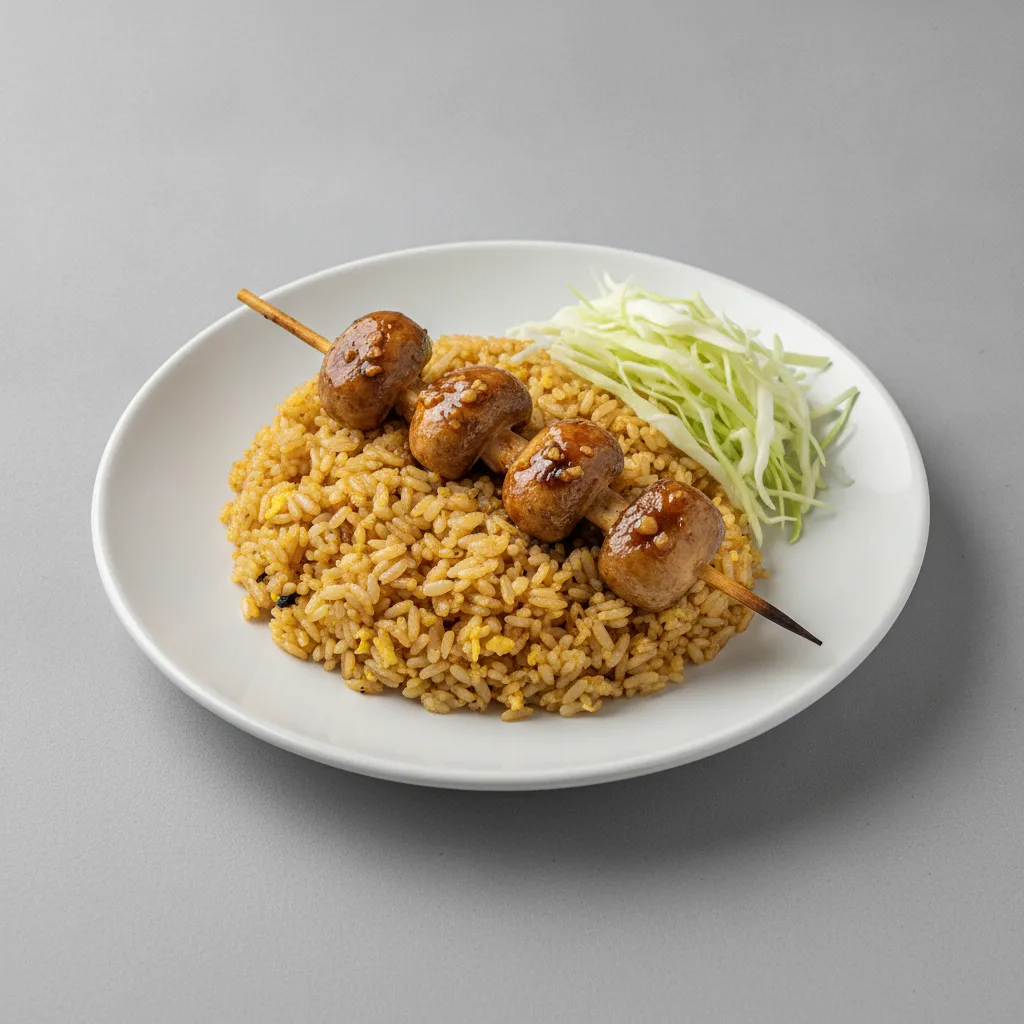 Yakitori Mushroom with Fried Rice and Shredded Cabbage Yakitori Mushroom with Fried Rice and Shredded Cabbage