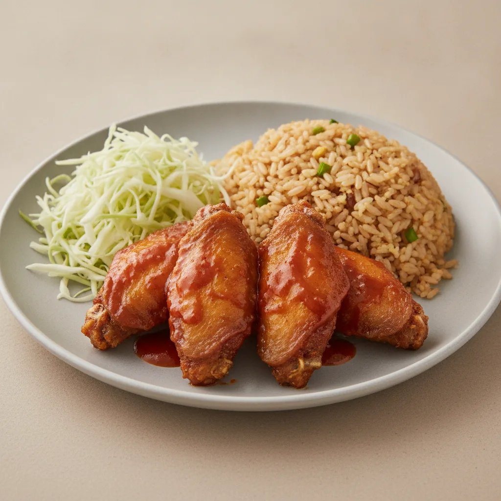 Korean Fried Chicken Wings + Gochujang Sauce with Fried Rice and Shredded Cabbage Korean Fried Chicken Wings + Gochujang Sauce with Fried Rice and Shredded Cabbage