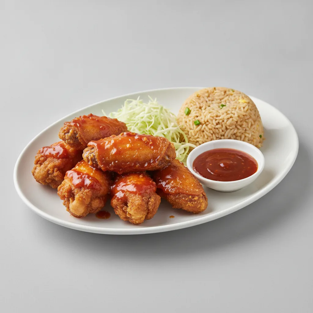 Korean Fried Chicken Wings + Thai Sauce with Fried Rice and Shredded Cabbage Korean Fried Chicken Wings + Thai Sauce with Fried Rice and Shredded Cabbage