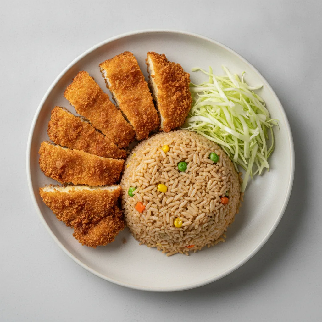 Jackfruit Katsu with Vegan Fried Rice and Shredded Cabbage Jackfruit Katsu with Vegan Fried Rice and Shredded Cabbage