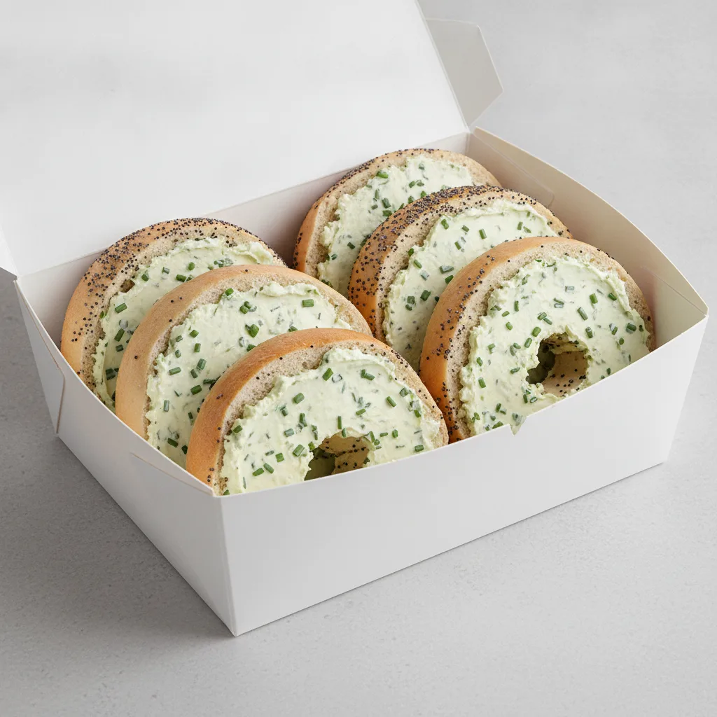Bagel Box with Poppy Bagels, Chive Cream Cheese Bagel Box with Poppy Bagels, Chive Cream Cheese