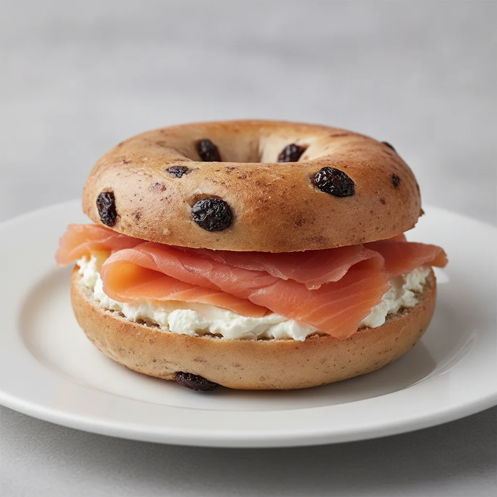 Smoked Salmon Bagel with Cinnamon Raisin Bagels, Plain Cream Cheese Smoked Salmon Bagel with Cinnamon Raisin Bagels, Plain Cream Cheese