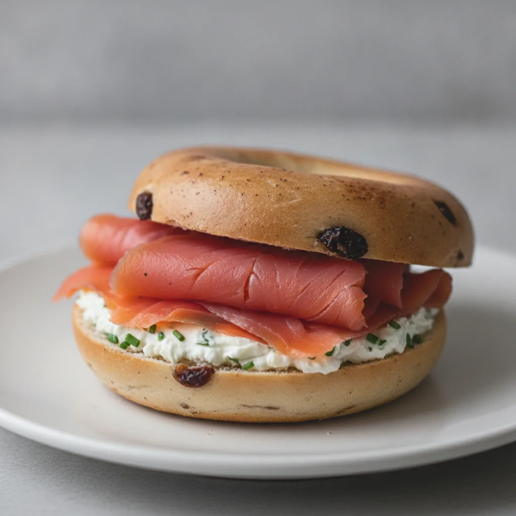 Smoked Salmon Bagel with Cinnamon Raisin Bagels, Chive Cream Cheese Smoked Salmon Bagel with Cinnamon Raisin Bagels, Chive Cream Cheese
