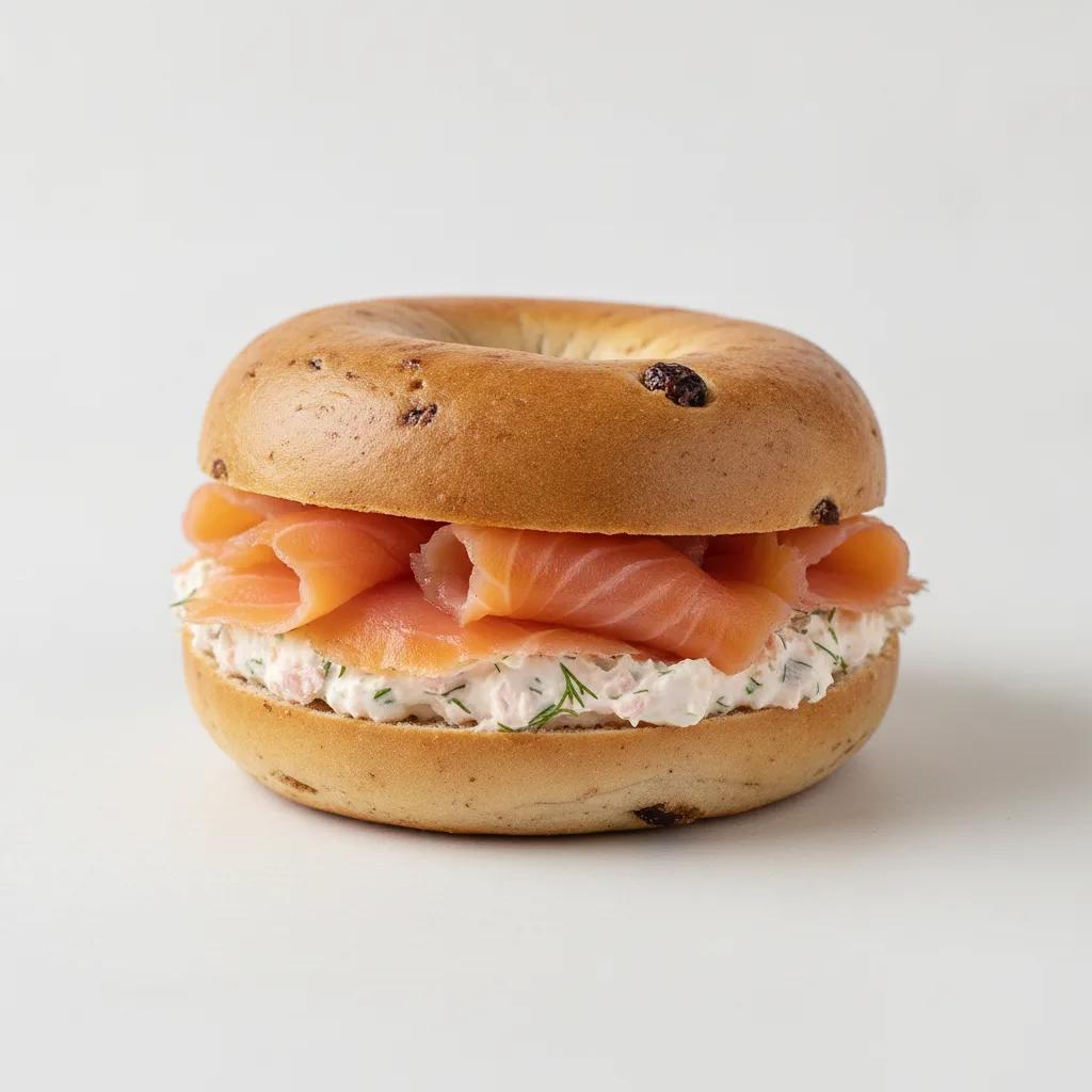 Smoked Salmon Bagel with Cinnamon Raisin Bagels, Salmon-Dill Cream Cheese Smoked Salmon Bagel with Cinnamon Raisin Bagels, Salmon-Dill Cream Cheese